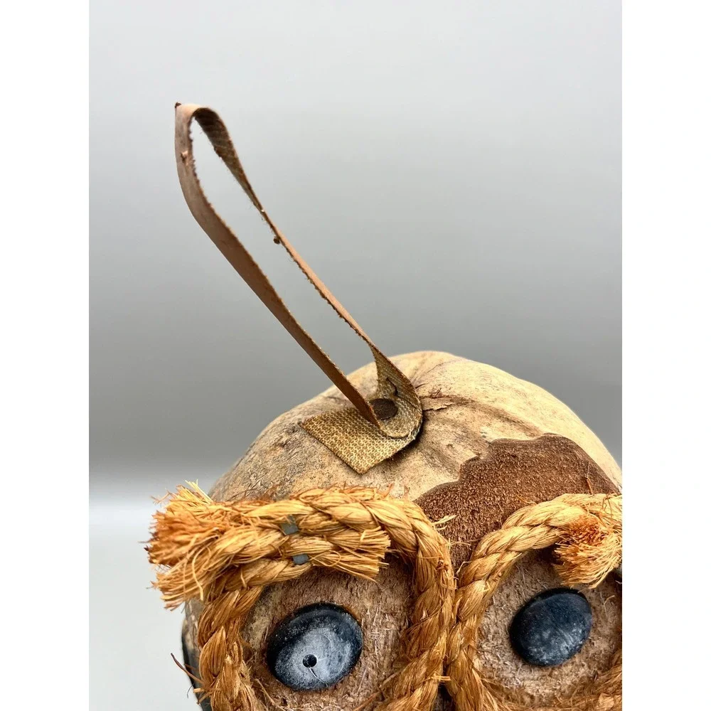 Handmade Coconut Shell Owl Figure Rustic Folk Art Carved Bird Decor 8